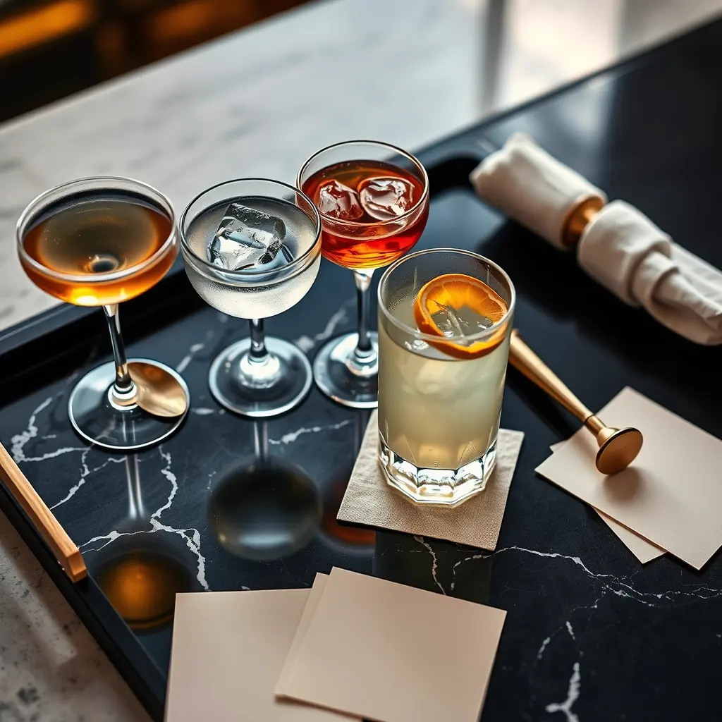 Premium cocktail flight arranged on a black marble tray