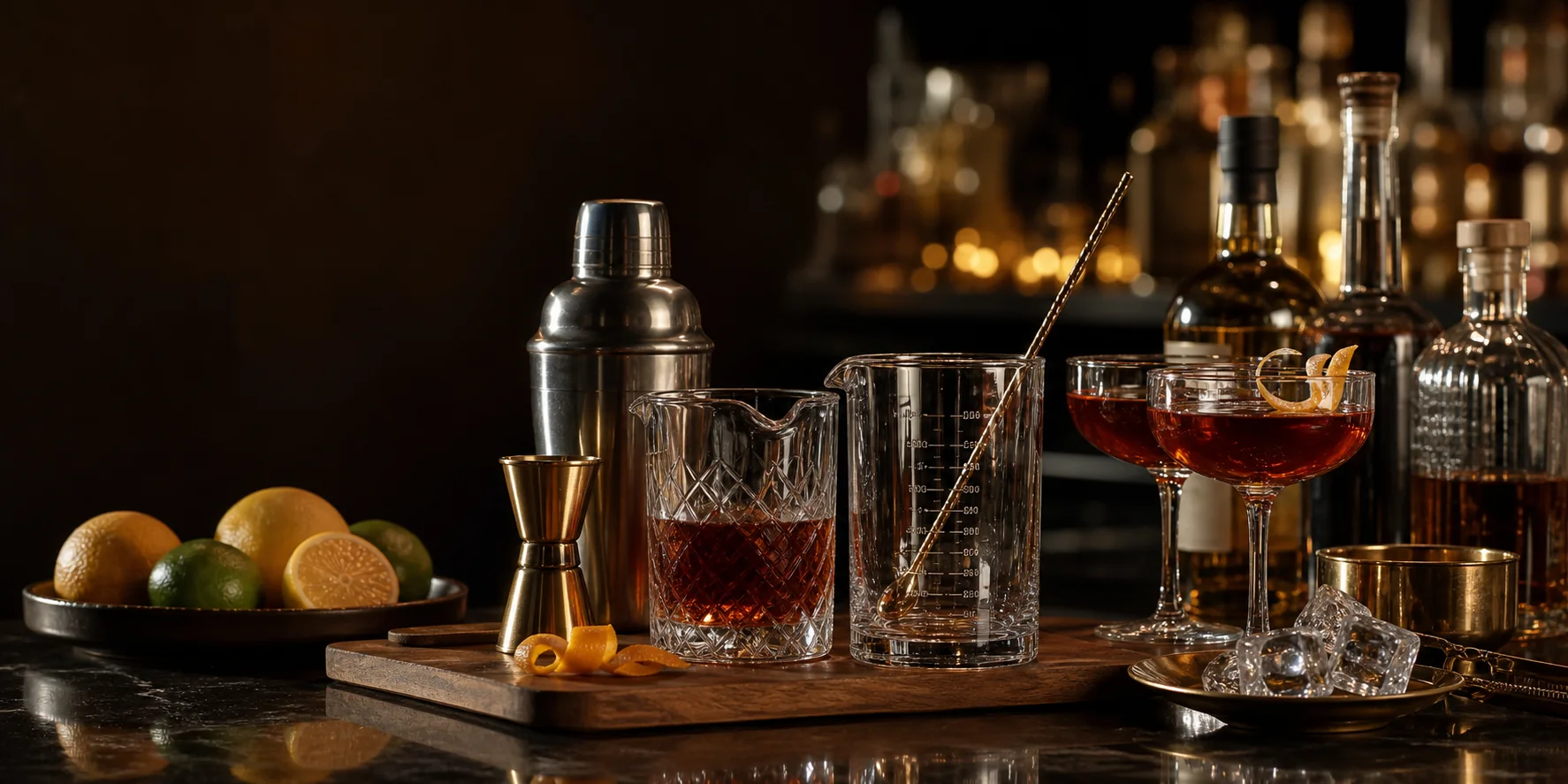 Premium cocktail bar with glassware, citrus, ice, and brass tools