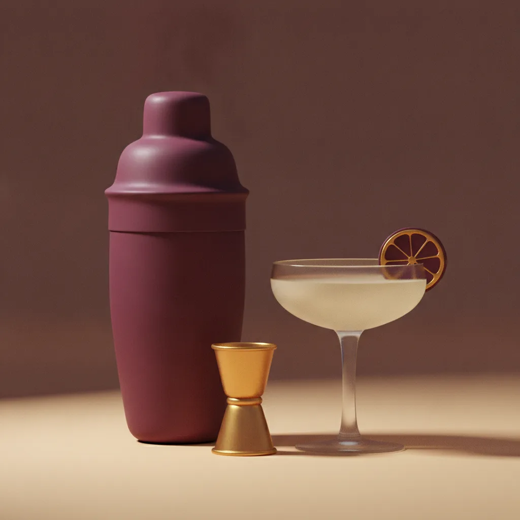 Clay-style cocktail shaker, brass jigger, and a coupe glass garnished with a citrus wheel