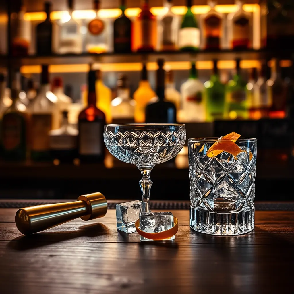 Premium back bar shelf with crystal glassware, citrus, and brass tools