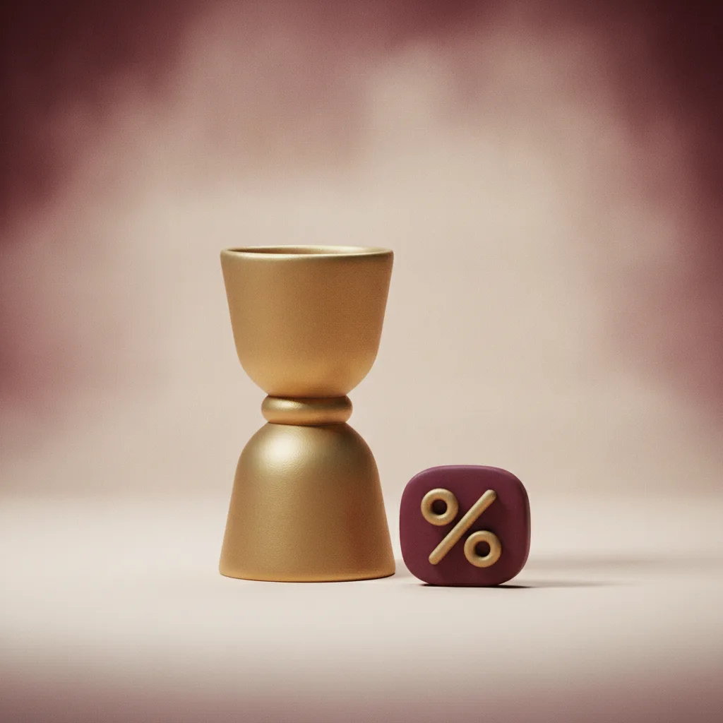 Clay brass jigger beside a percent-sign tag