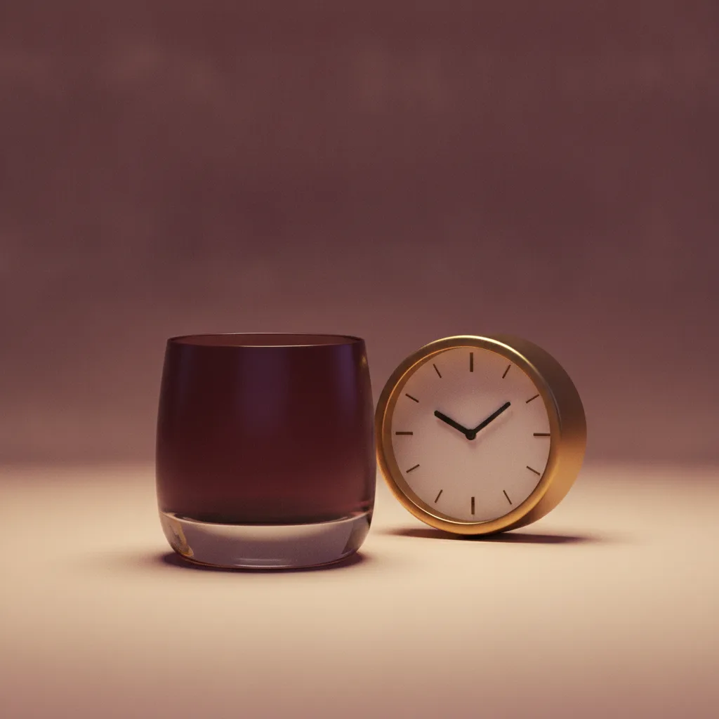 Clay rocks glass beside an analog clock