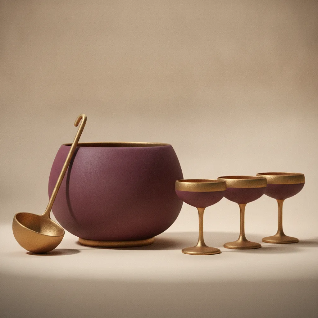 Clay punch bowl with a brass ladle beside a row of coupe glasses