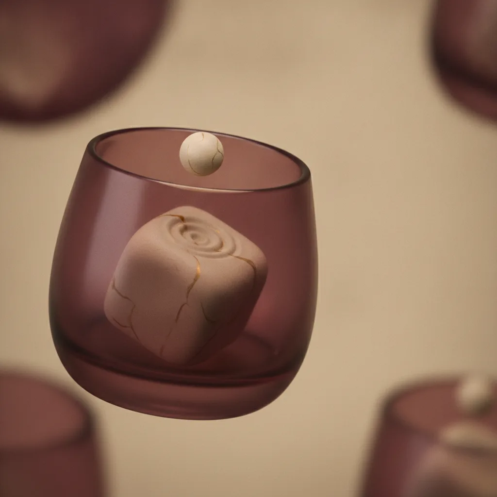 Clay rocks glass with an ice cube and a falling water droplet