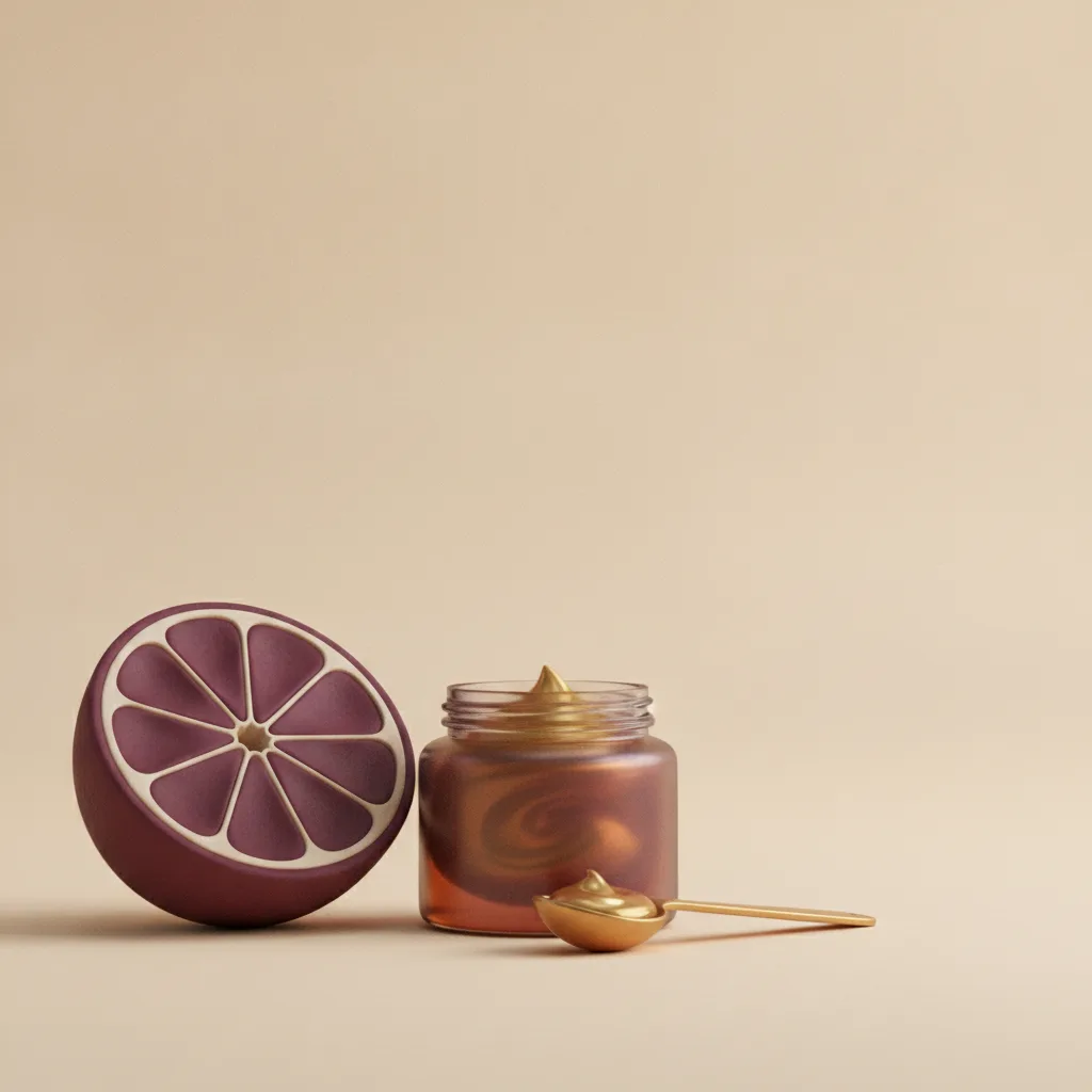 Clay citrus half beside a syrup jar and a brass spoon